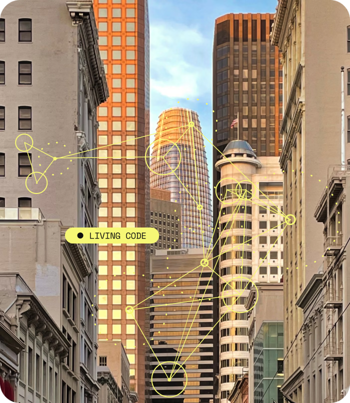 City buildings annotated with Living Code computer-vision style markers