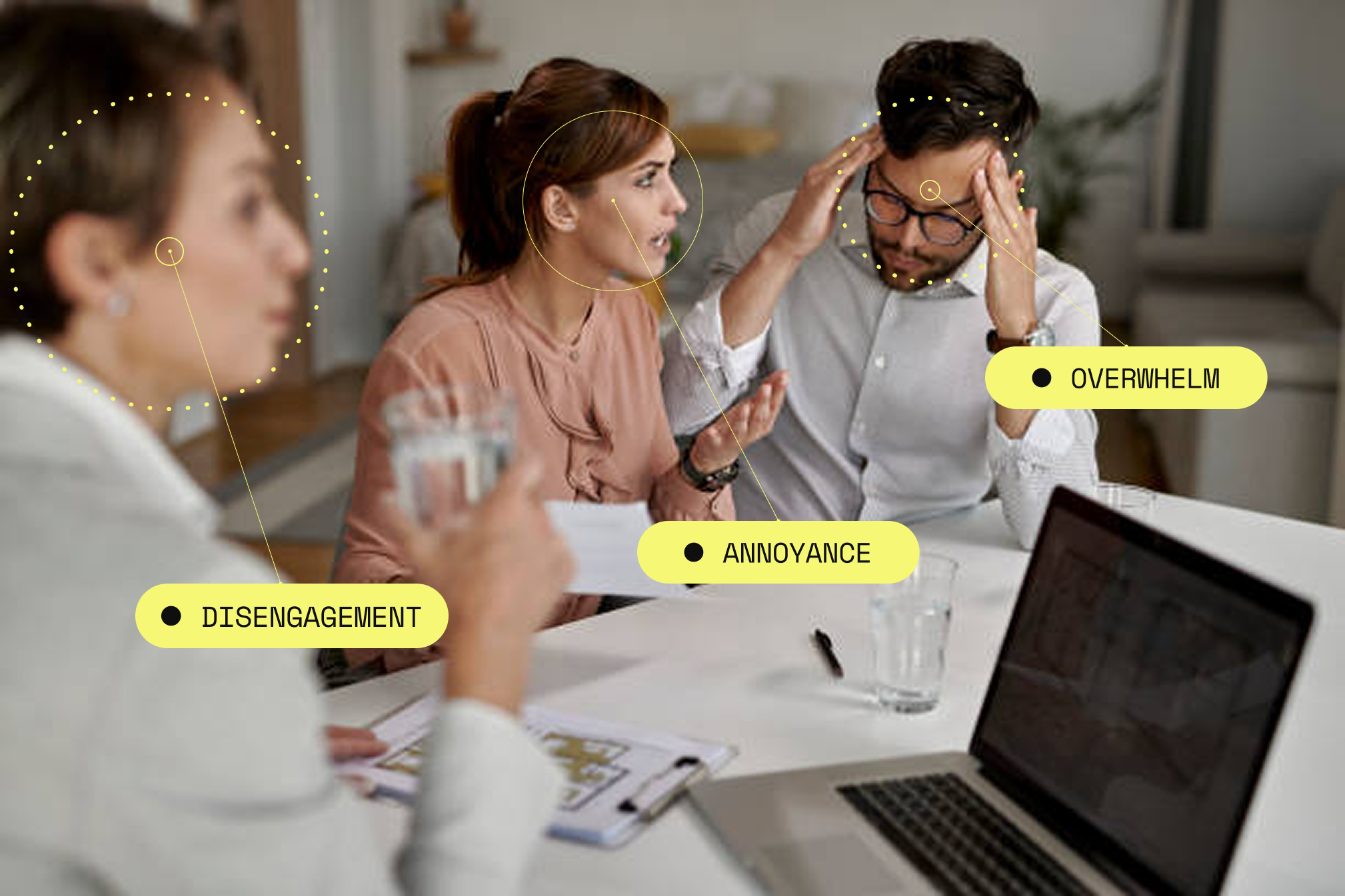 A tense meeting labeled with disengagement, annoyance and overwhelm markers