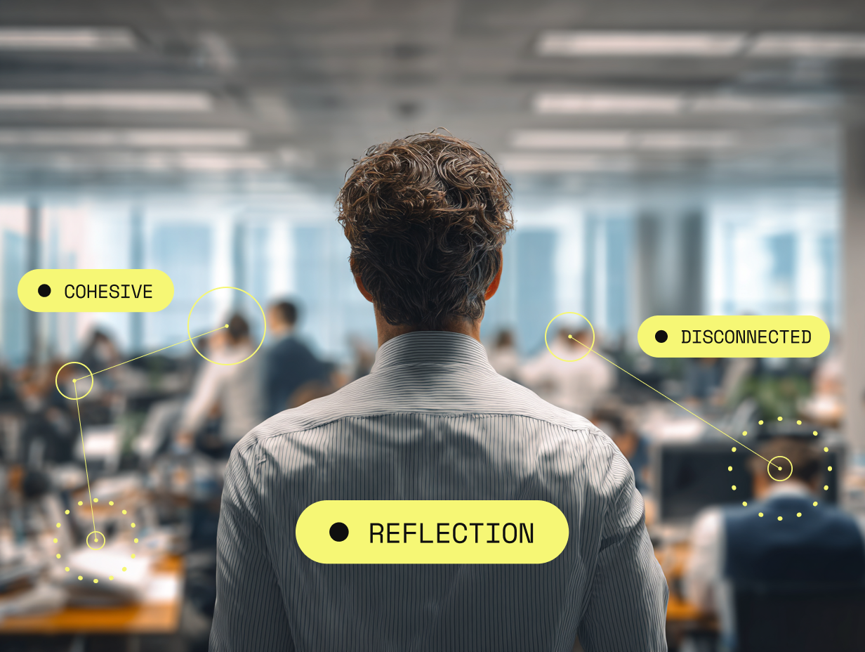 A calm figure in an office labeled with reflection and cohesion markers